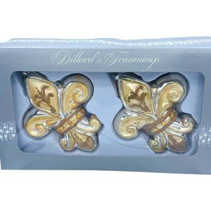 Dillard's Trimmings Christmas Glass Ornaments 2 Gold Fleur De Lis Hand Painted